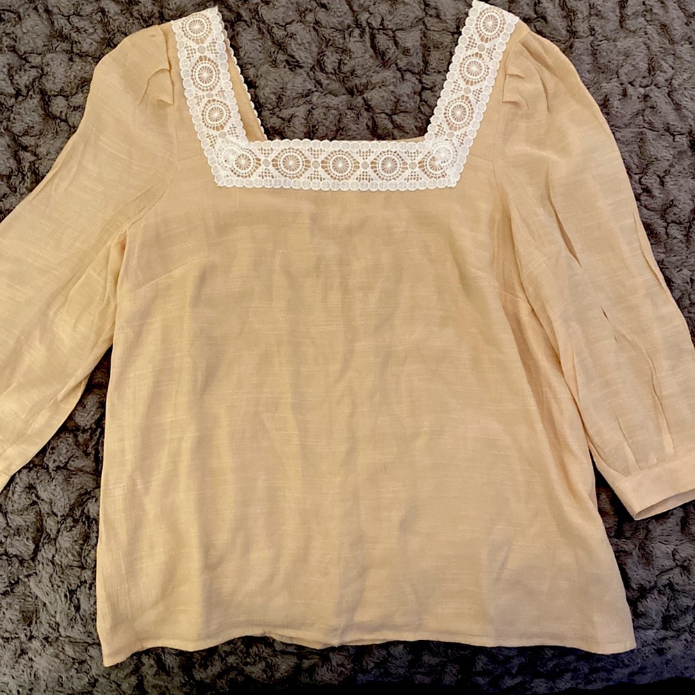 Mustard colored with white lace collar. Vintage Nanette brand blouse.